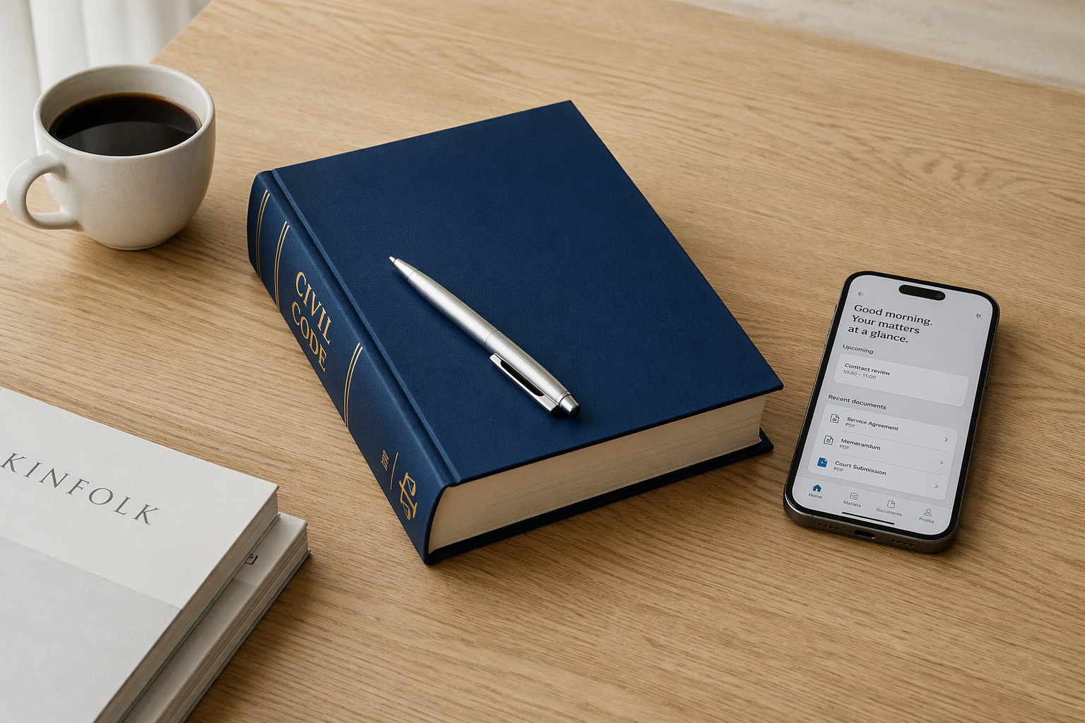 Mesa de trabalho com código civil e caderno